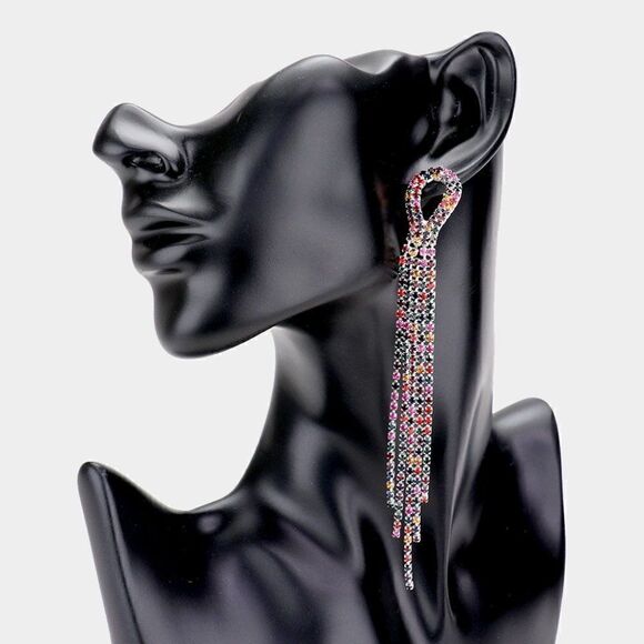 Rhinestone Multi Color Fringe Silver Earrings - Picture 1 of 6